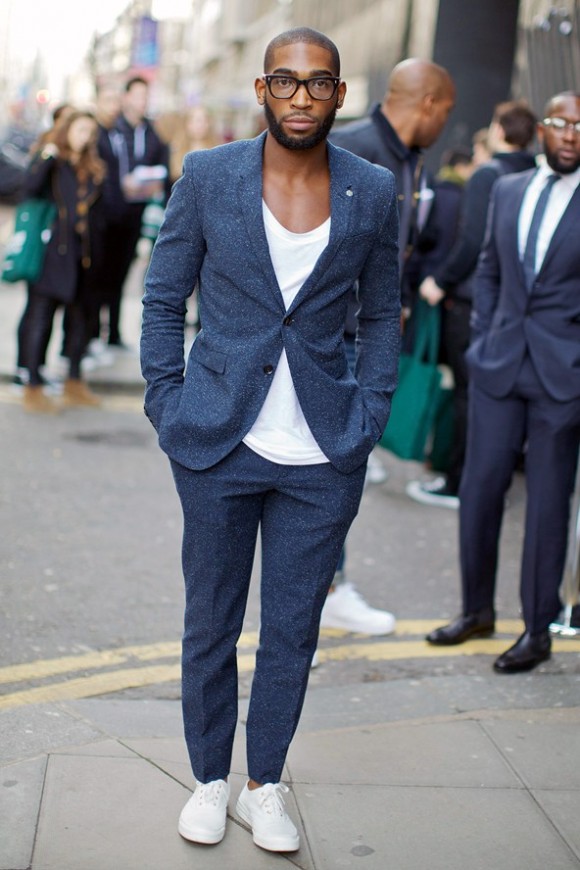 blue suit with white sneakers