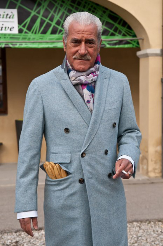 Classic old man swag, moustache gentleman, tan gloves in topcoat pocket & scarf