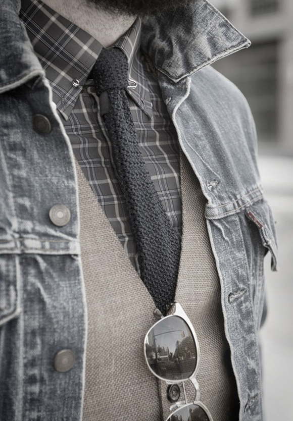 Knitted tie, denim jean jacket, collar pin & sunglasses