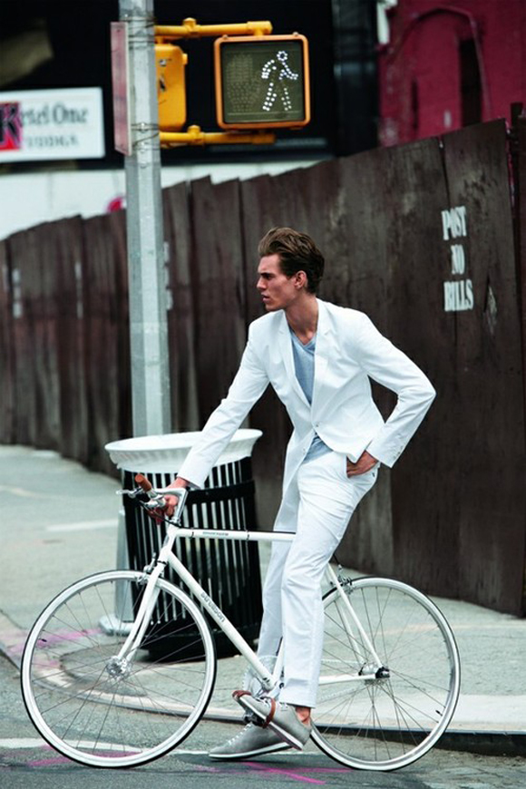 Way Too Clean, white fixie, suit, pants & sneakers