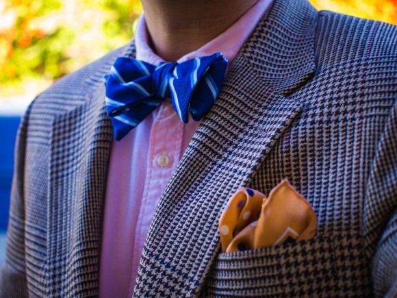 houndstooth jacket, fancy stripe bow tie, polka dot pocket square