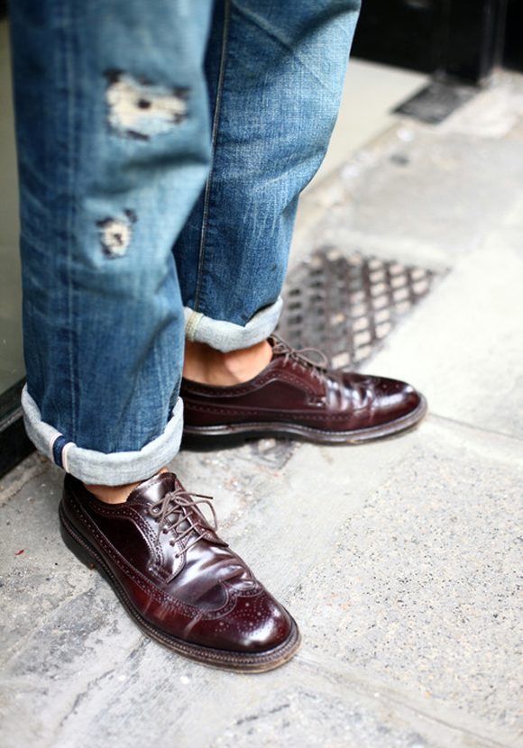 shiny-mens-shoes-rugged-cuffed-jeans-light-wash-holes