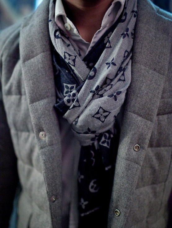 Stay warm in gray. Scarf, collar & quilted