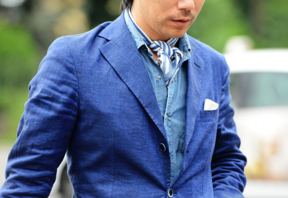 striped-scarf-blue-denim-shirt-blue-linen-blazer-white-pocket-square-blue-on-blue-on-blue