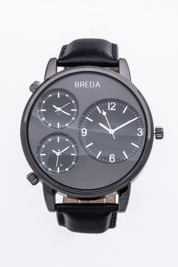 watch SWAG under $100, Breda Mitchell watch, black chronograph, 3 circles inside face