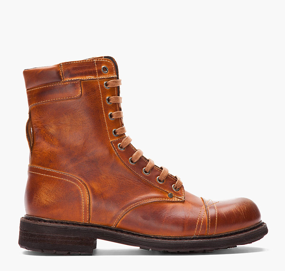 DIESEL Scuffed Leather Cassidy Combat Boots in Tan