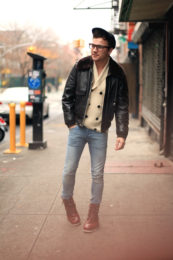 Hipster in Cardigan, Skinny Jeans, Boots & Shearling Leather Jacket