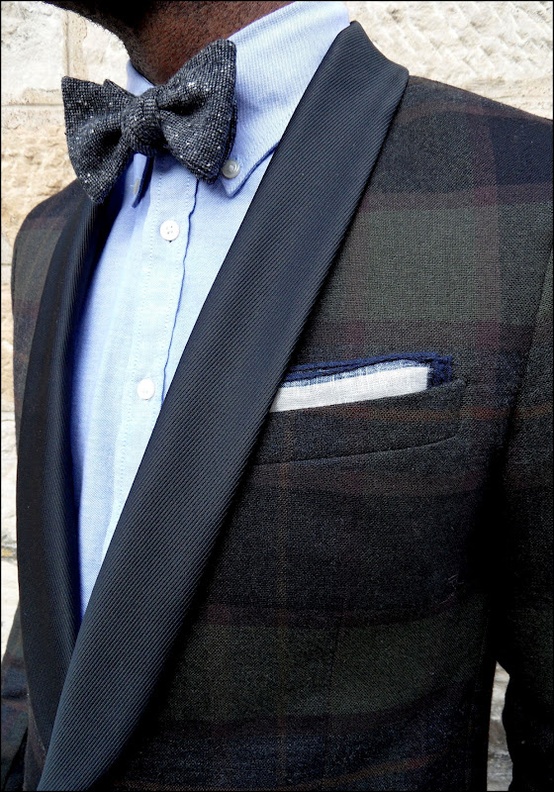 Subtle plaid pattern shawl lapel tuxedo with twill bow tie and pocket square