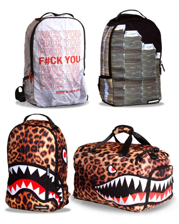 Sprayground 'Holidaze Bag Collection' leopard print, bag full of money & fuck you have a nice day backpack