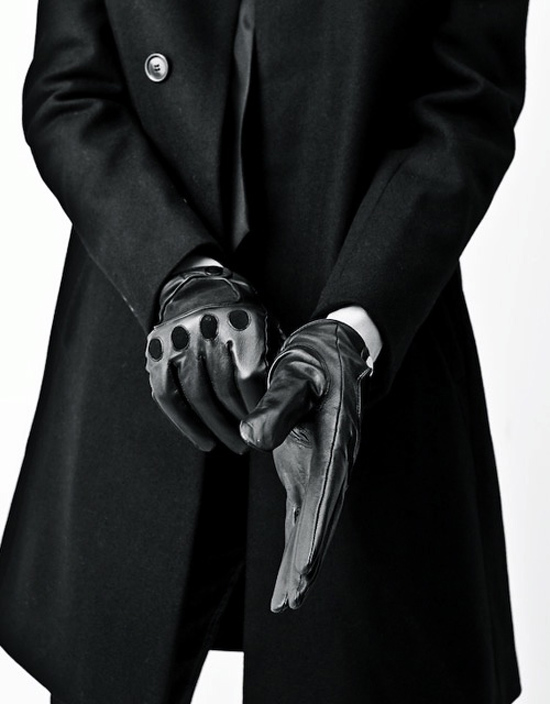 Going for the kill with leather American Psycho gloves & peacoat