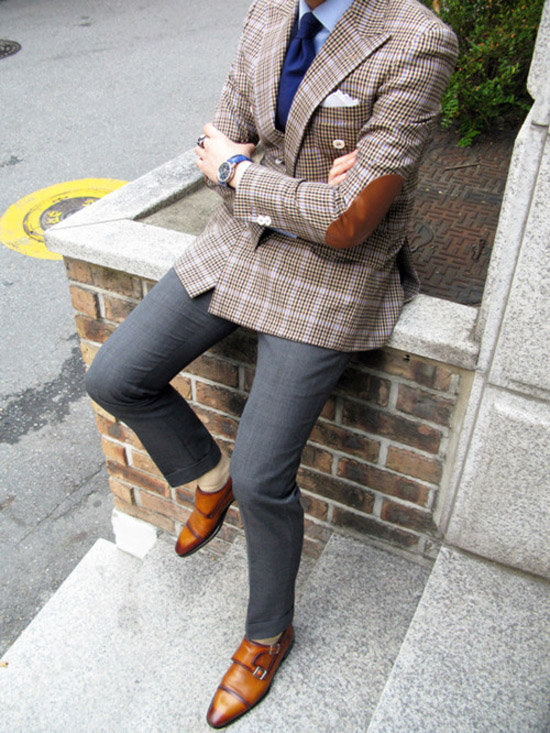 Great Way of Matching Colors for Men, Suit Jacket + Grey Trousers & Double Monk Shoes