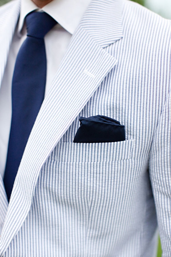 Light Blue Seersucker Suit + Navy Tie & Pocket Square | SOLETOPIA