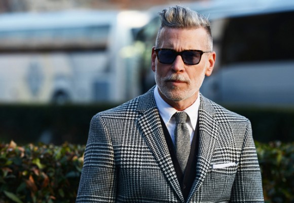 Nick Wooster Wayfarer, herringbone tie, houndstooth glen plaid suit jacket mix