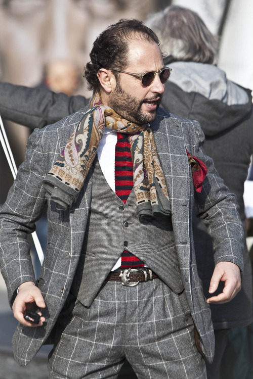 Windowpane Style for going bald, red stripped tie, shawl and checked plaid grey vest