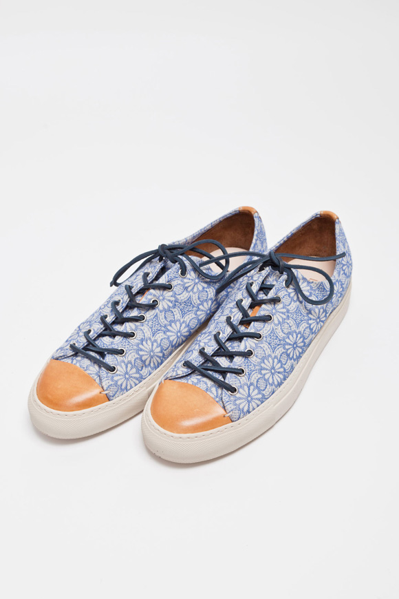Buttero Floral Print Blue Canvas Cap Toe Sneakers, Had Made in Italy