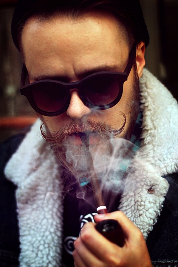 Round Frame Sunglasses Moustache Smoking Pipe in Shearling Coat