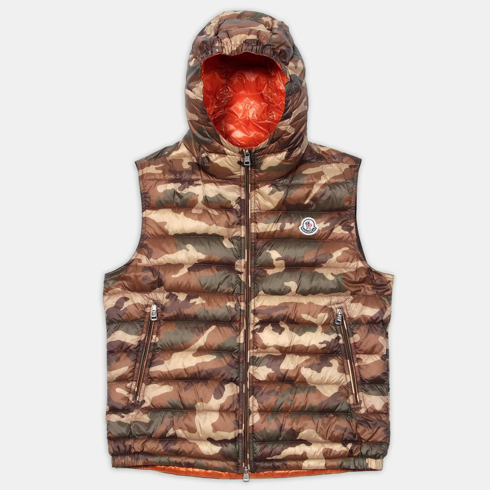 Moncler Orange Nylon Lined Hooded Camouflage Vest | SOLETOPIA