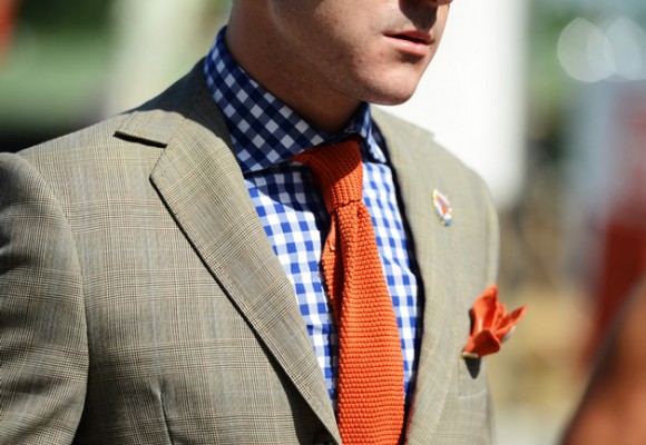 Orange Knitted Tie with Blue Check Plaid Shirt & Grey Suit
