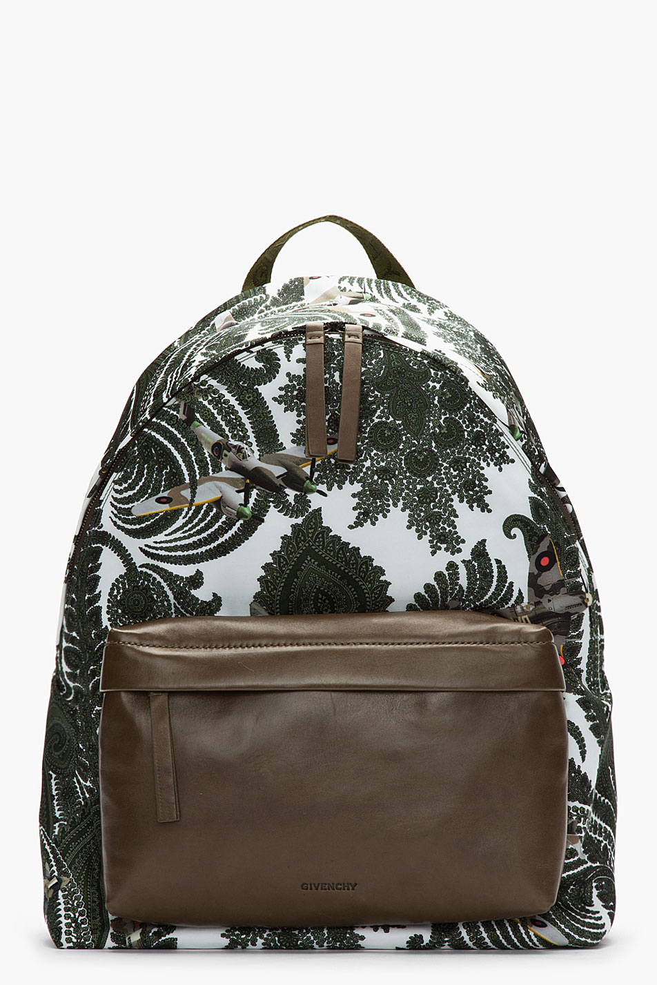 Paisley Print Olive Green Leather Trimmed Backpack Givenchy