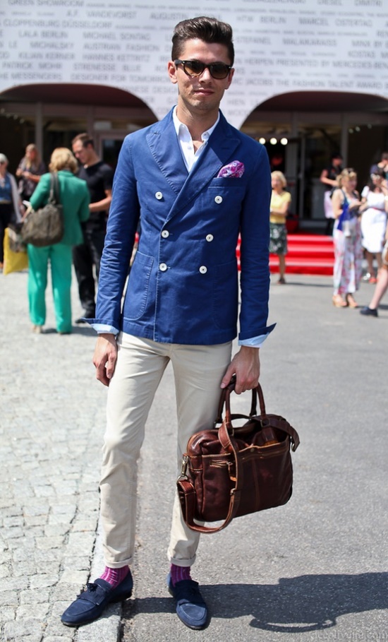 Blue blazer flipped cuffs, blue suede loafers, brown leather bag