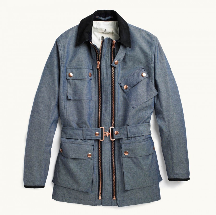 Blue chambray dual zipper & adjustable belt jacket - Private White V.C ...