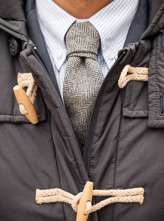 Herringbone Grey Tie & toggle horn coat