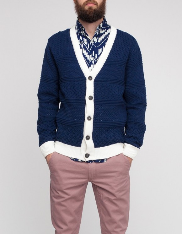 Multi-knit white trim blue cardigan