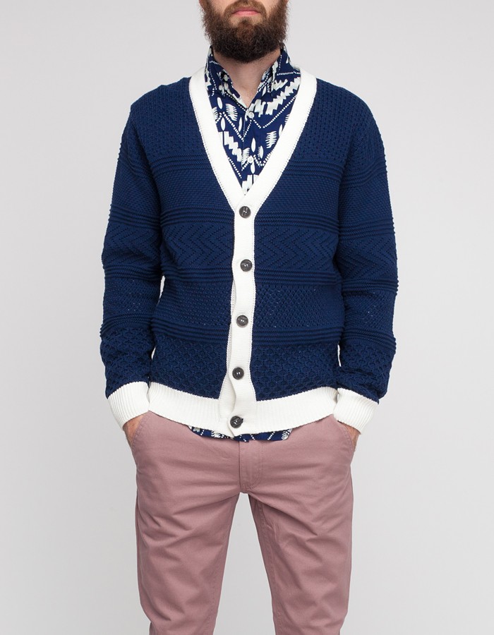 Multi knit white trim blue cardigan | SOLETOPIA