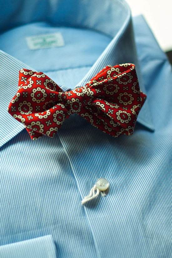 Red Floral Eye Bow Tie thin blue stripe shirt