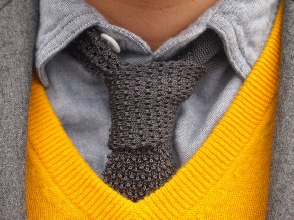 Solid Grey Knit Tie & Gold Cashmere Sweater