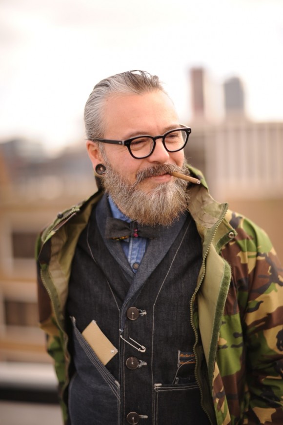 Black denim coat bow tie camo jacket smoking