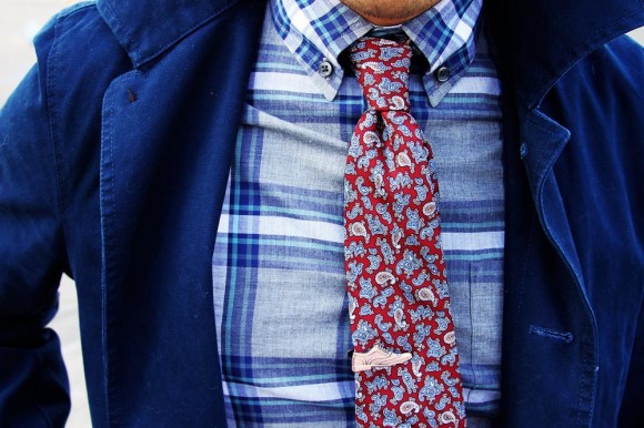 Red Paisley tie blue plaid shirt, shoe tie clip