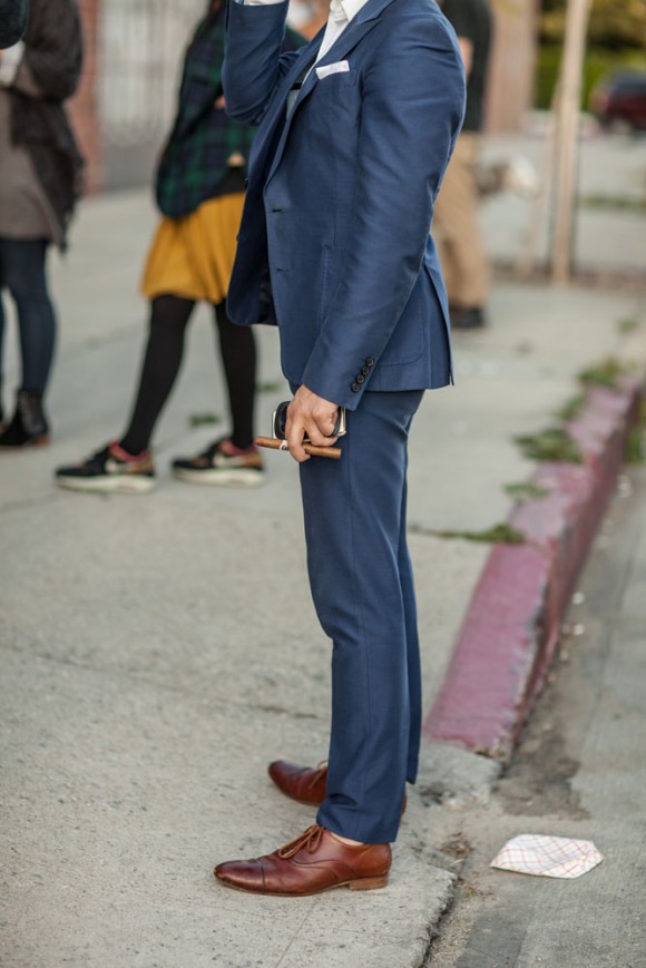 Shiny suit, brown shoes & no socks