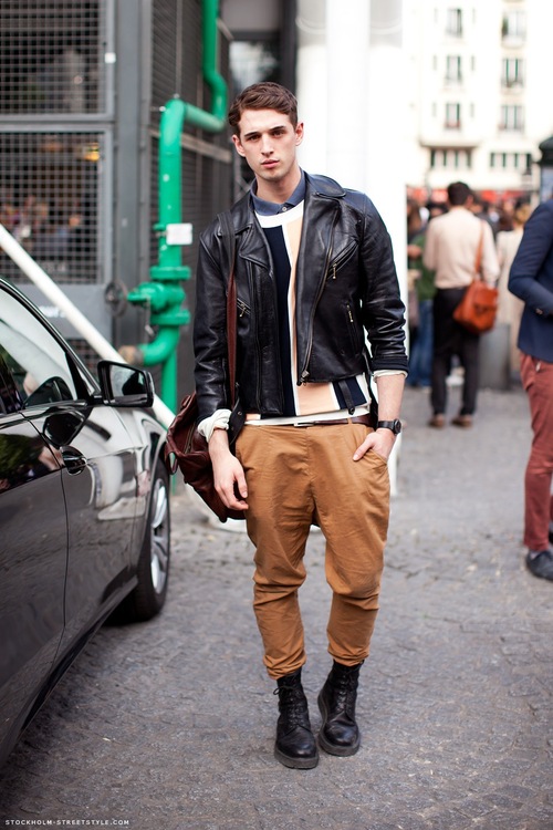 Leather Jacket x Military Boots street style