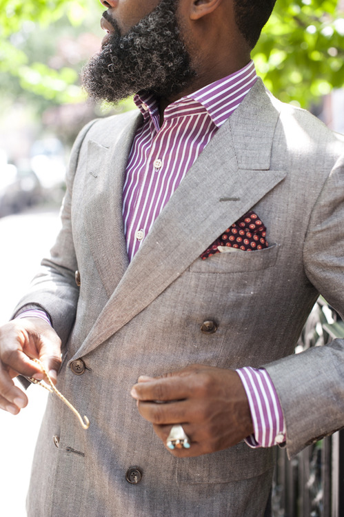 Bearded Stripes peaked lapel double breasted