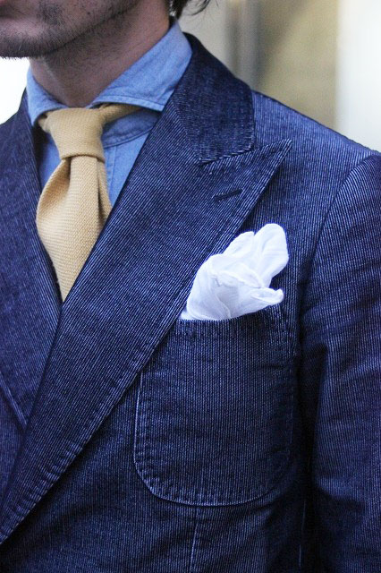 Blue Corduroy Blazer pocket square knit tie