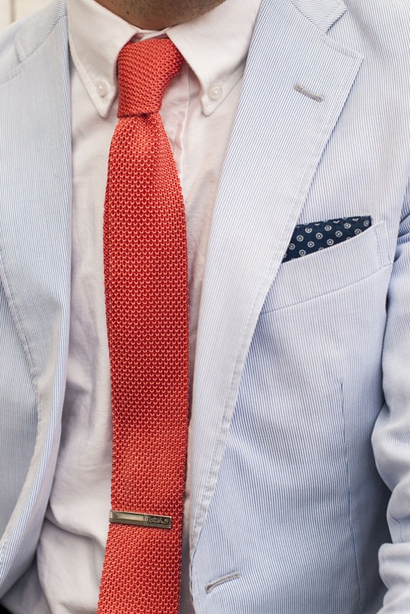 Orange Knit Tie Navy Pocket Square seersucker suit