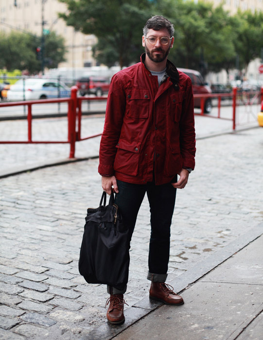 David Alperin of Goose Barnacle red jacket bag boots menswear streetstyle