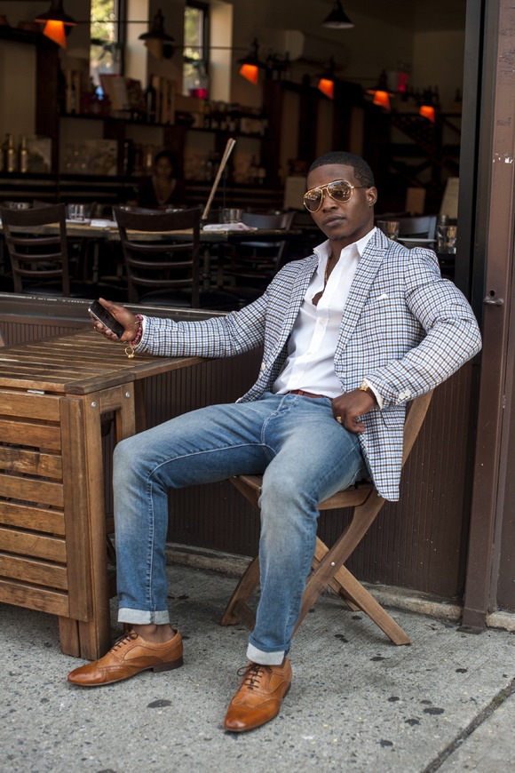 Jeans and Patterned Suit Jacket black man street style