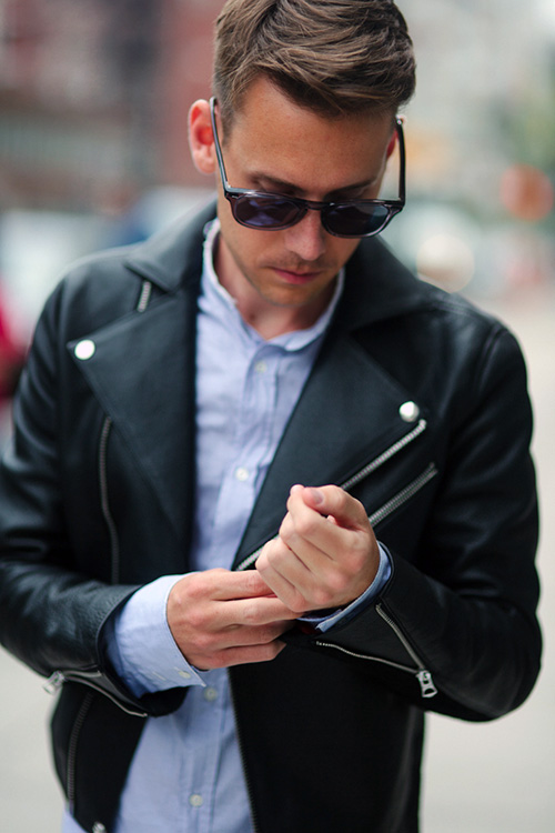 Leather Season black jacket blue button up menswear lookbook