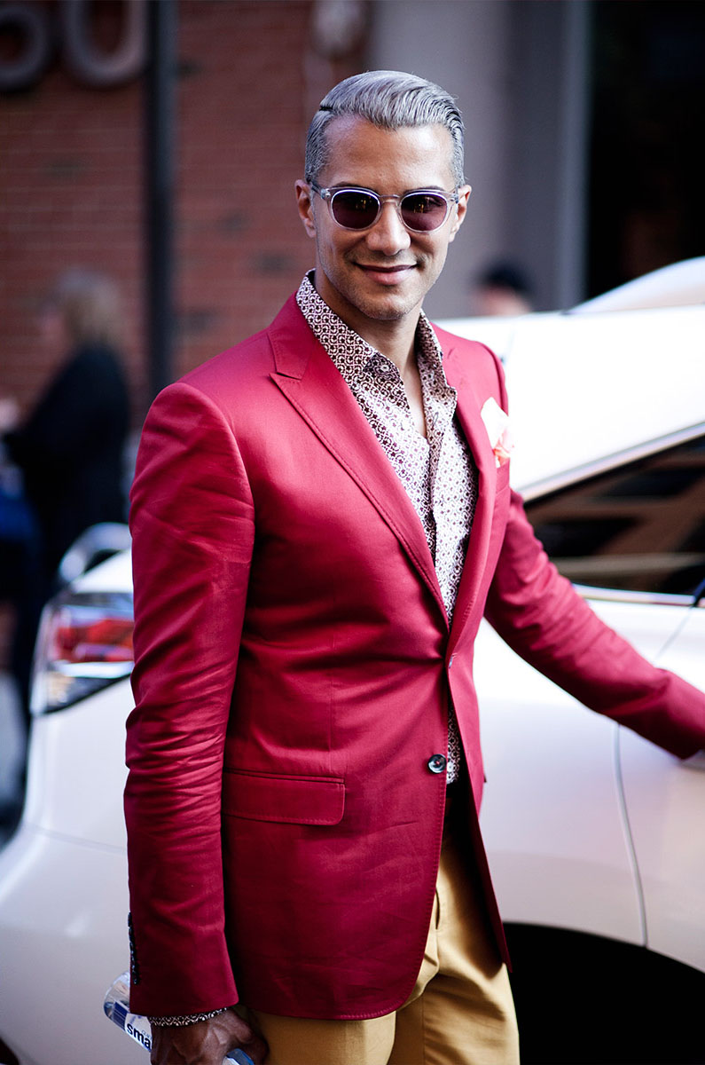 NYFW Streetstyle Day 4 menswear red jacket side part haircut