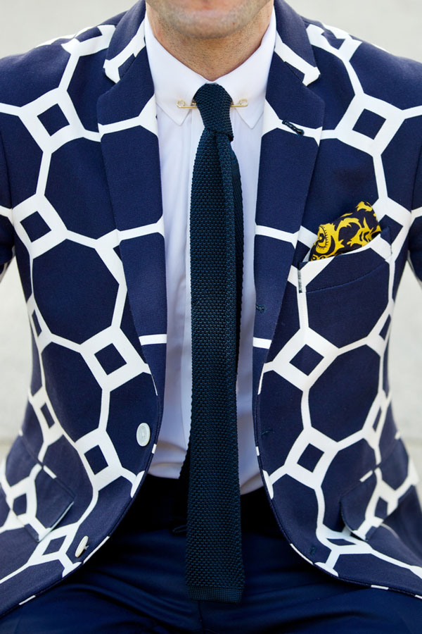 Octagon Print Jacket x Blue Knit Tie menswear streetstyle fashion