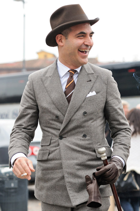 Pitti Uomo Gangster grey suit brown tie menswear streetstyle