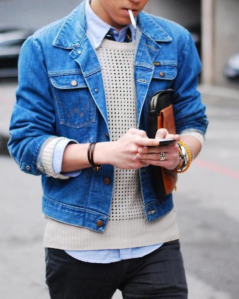 Blue Denim Jacket cigarette texting streetstyle