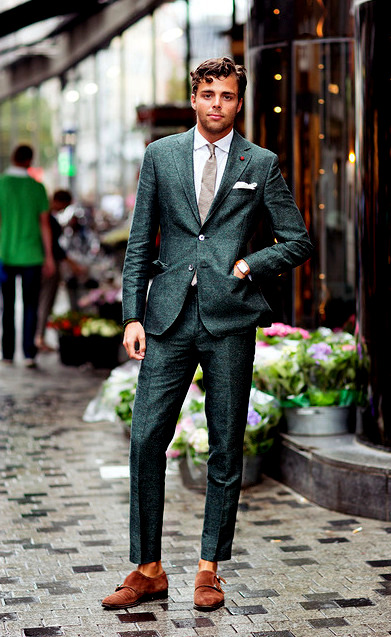 Brown Suede Double Monks with Grey Suit streetstyle