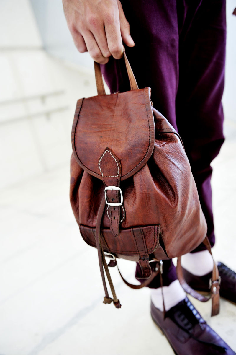 Brown Leather Drawstring Foldover Bag vintage mens style