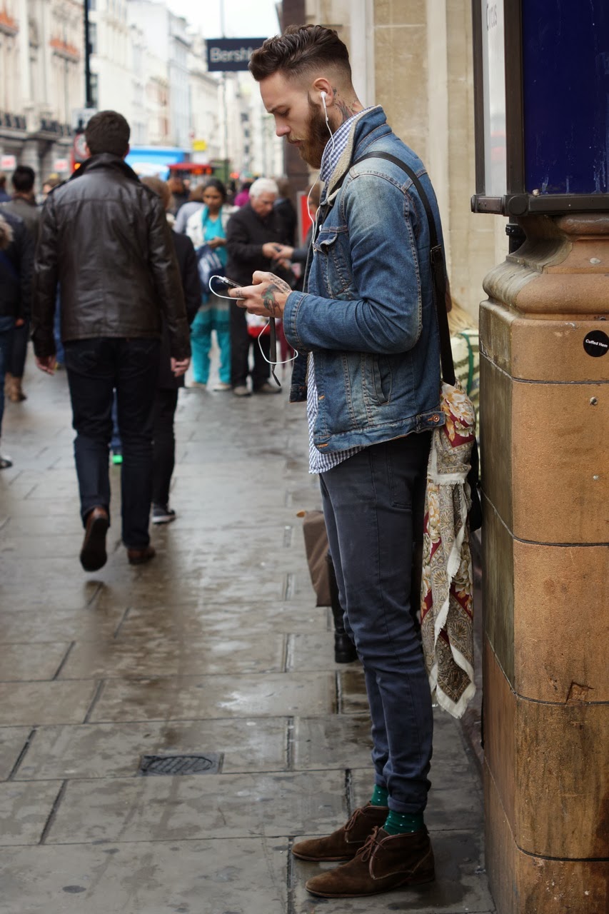 iPhone in Denim Shearling & Tapered Pants chukka streetstyle