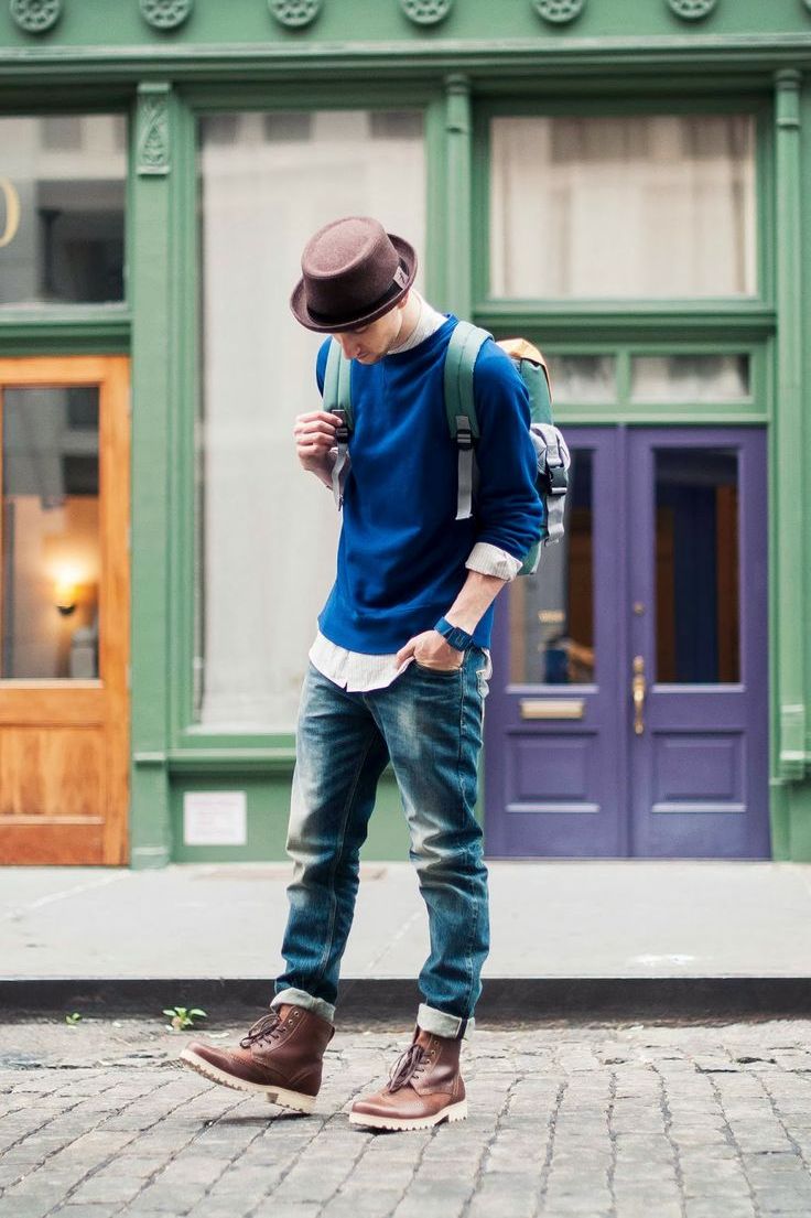 Hi-Cuff Step wingtip boots, blue watch & shirt & backpack