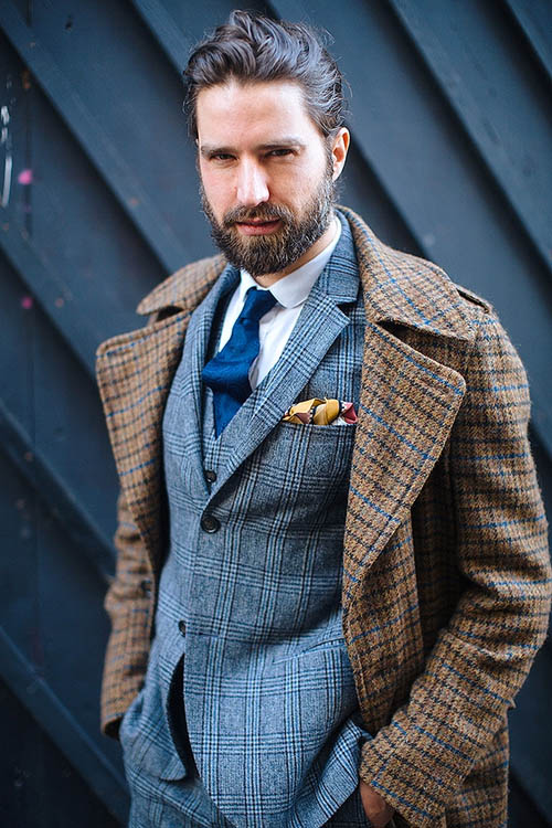 Brown Check Wool Coat blue plaid suit gold pocket square