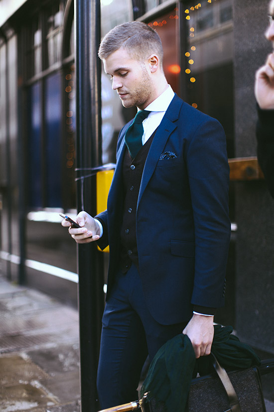 Great Fit Navy Suit cutaway shirt texting streetstyle